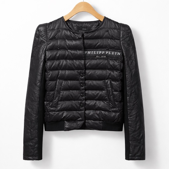 Statement Puffer Bomber Jacket Quilted Body Leather Sleeve Tiger Back Patch - Picture 2 of 16